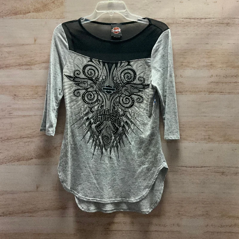 Long sleeve blouse Top 3/4 Sleeve Basic By Harley Davidson In Grey, Size: S