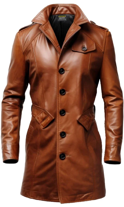 Men Vintage Tan Brown Leather Coat - Leather Long Coat