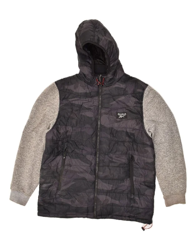 REEBOK Mens Hooded Padded Jacket UK 40 Large Black Camouflage Polyester