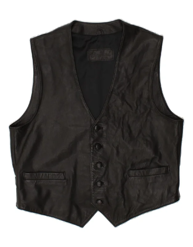 VINTAGE Mens Leather Waistcoat Medium Black Leather