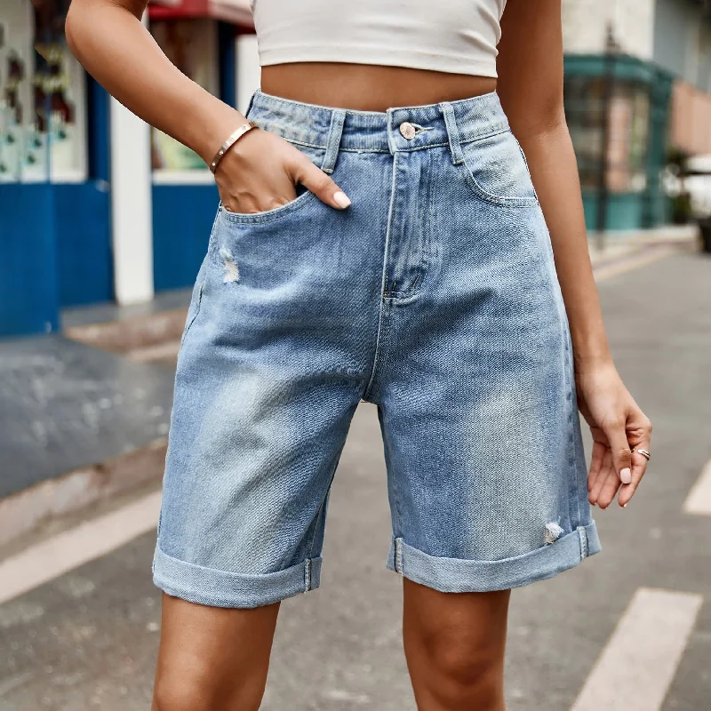 Checkered pants Distressed Buttoned Denim Shorts with Pockets