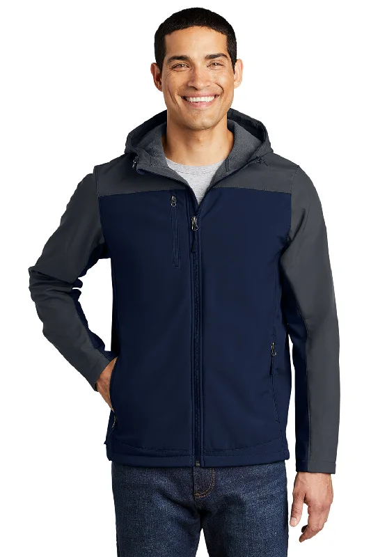 Port Authority Mens Core Wind & Water Resistant Full Zip Hooded Jacket - Dress Navy Blue/Battleship Grey