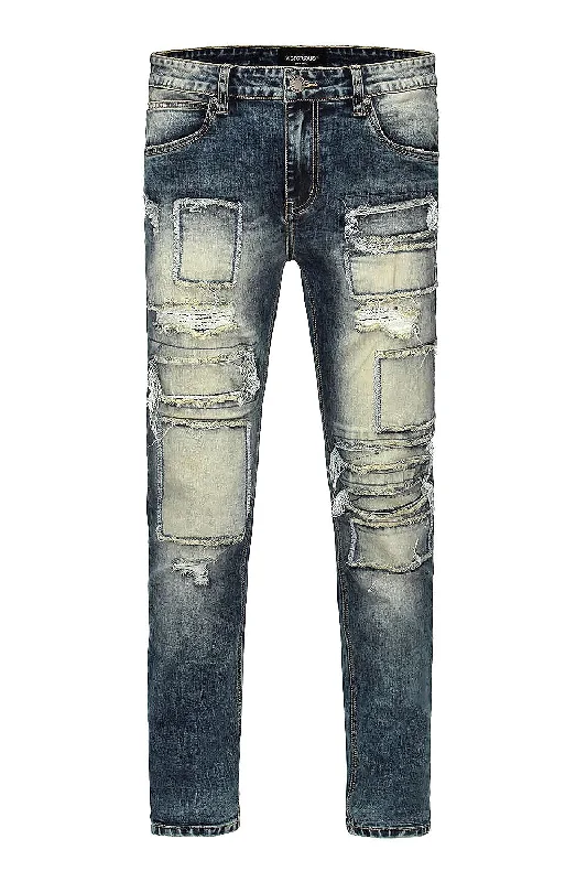 Faux leather pants Patchwork Raw Hem Denim Jeans