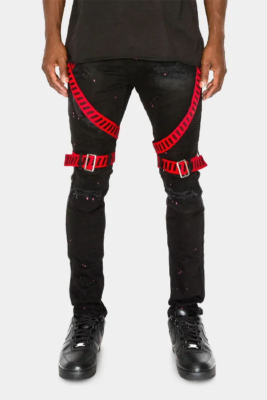 Sporty trousers Adjustable Strap Harness Distressed Biker Jeans