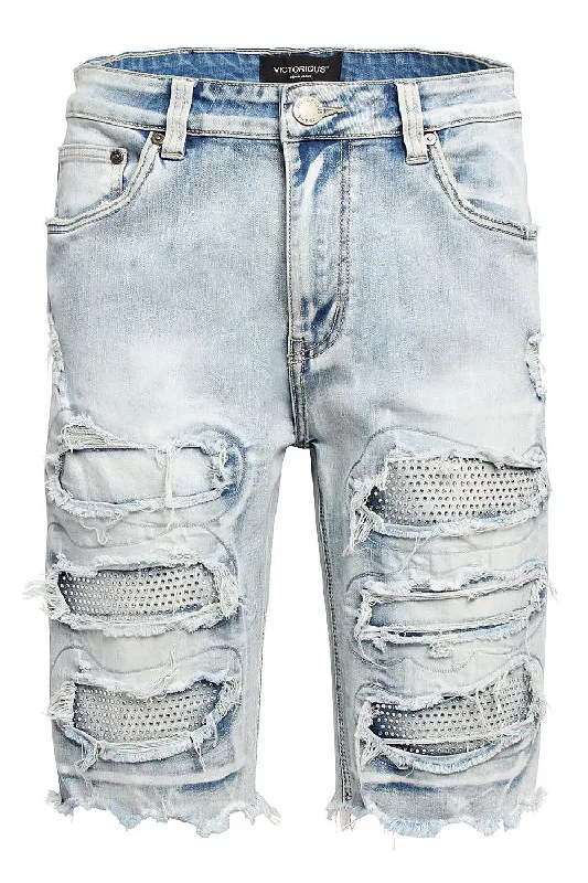 Heavy-duty pants Rhinestones Distressed Denim Shorts