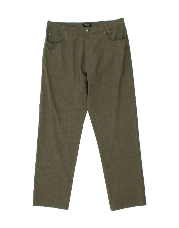 Leather-trimmed denim VERSACE Mens Classic Slim Casual Trousers W38 L31  Green Virgin Wool