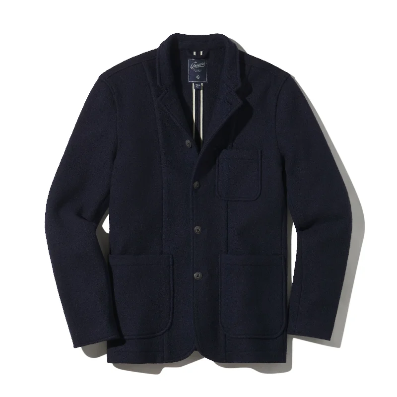 Wide-lapel Burnham Knitted Wool Blazer - Navy