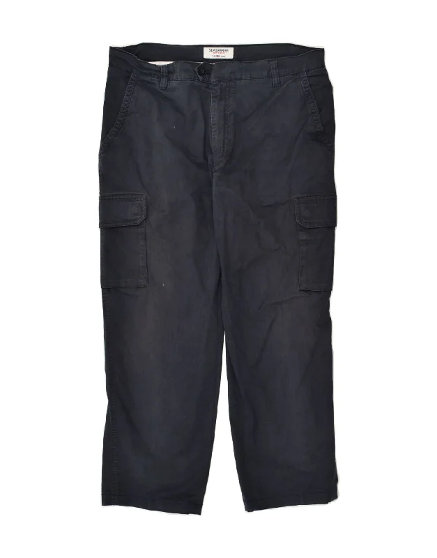 Embroidered denim SEA BARRIER Mens Straight Cargo Trousers W36 L27 Navy Blue