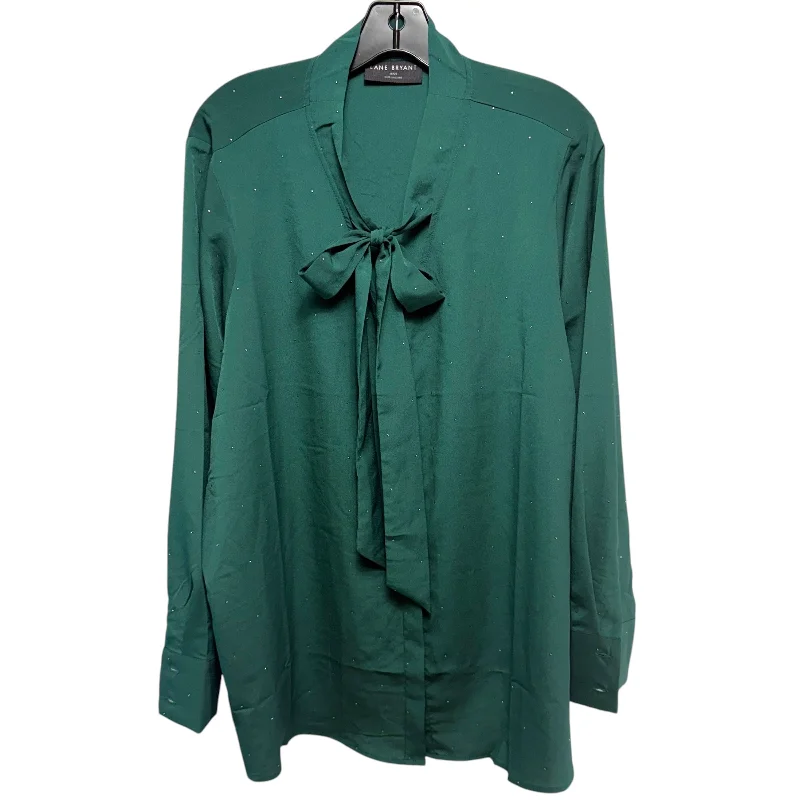 Layering long sleeve Dew Drop Tie-Neck Button-Down Blouse By Lane Bryant In Dark Green, Size: 1x