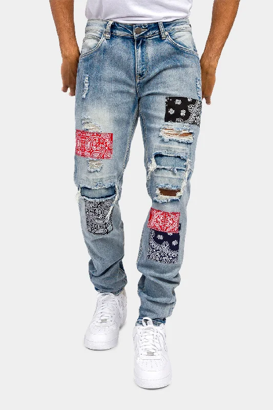 Warm leggings Distressed Bandana Paisley Patch Denim Jeans