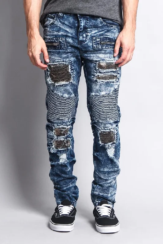 Relaxed jeans Stain Washed Contrast Patching Twill Biker Jeans