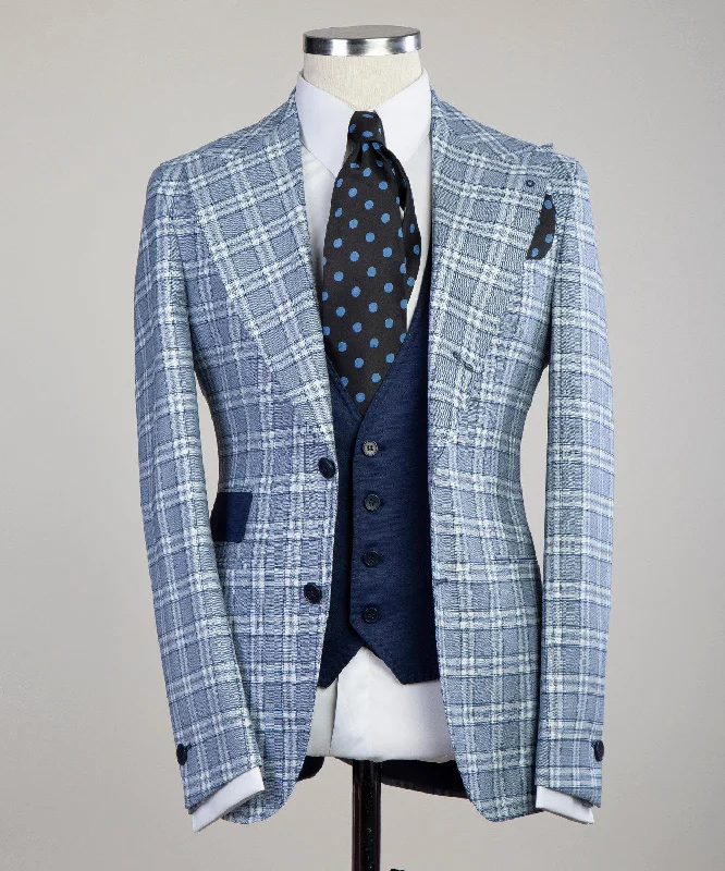 Single-breasted Sky Blue Plaid Suit