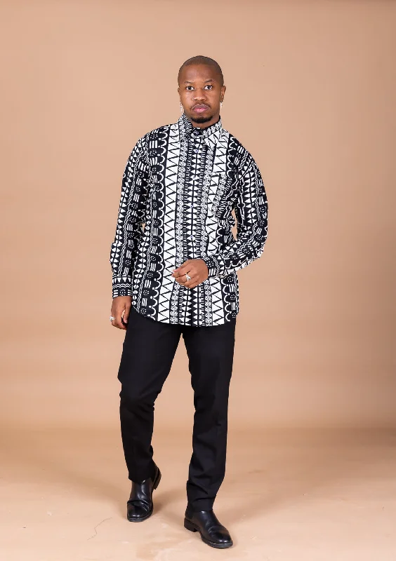 Custom shirt Amos Ankara Men Long-sleeved  Shirt | Black and White African Tribal Print