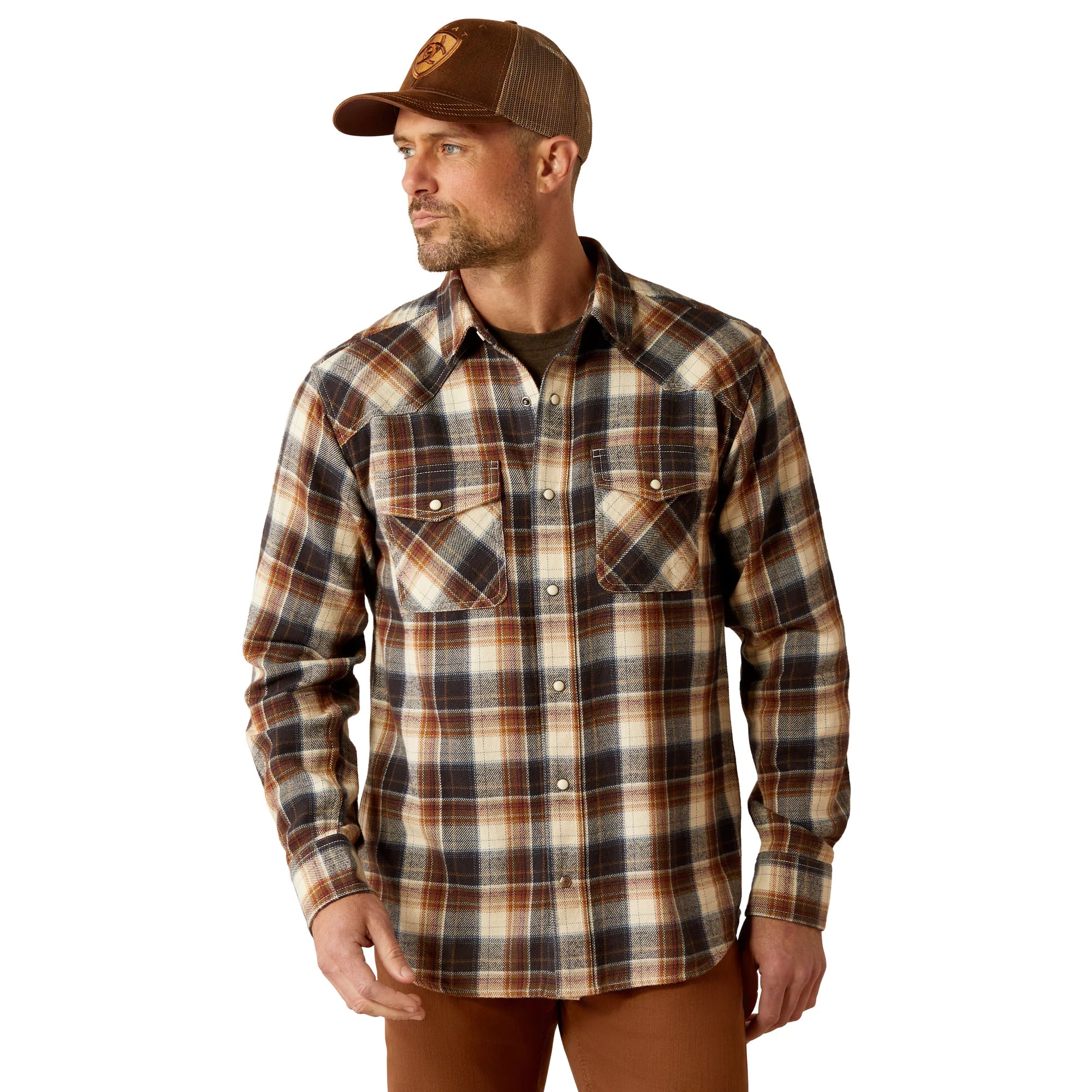 Stretch shirt Ariat Men's Harford L/S Retro Fit Western Snap Shirt in Black Brown Plaid