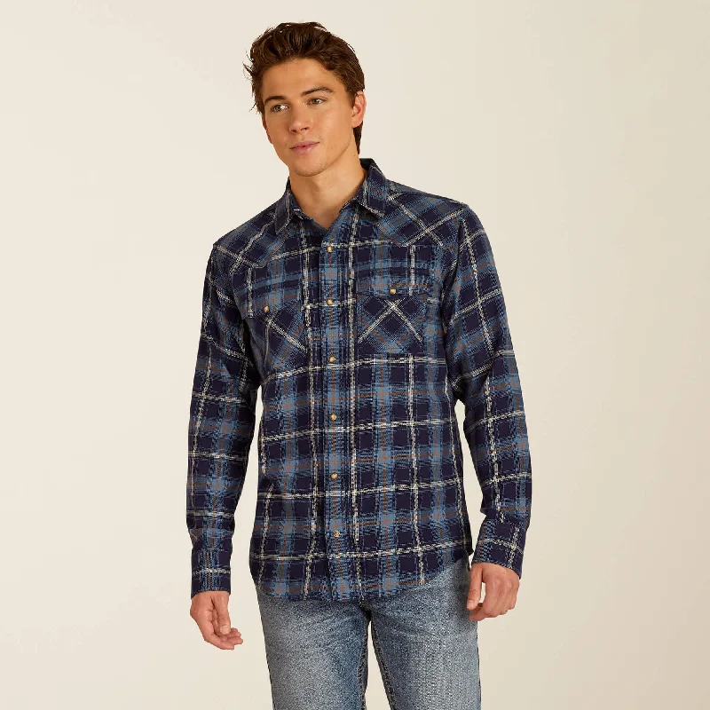 Slim-fit shirt Ariat Men's Hugo L/S Retro Fit Western Snap Shirt in Maritime Blue Plaid