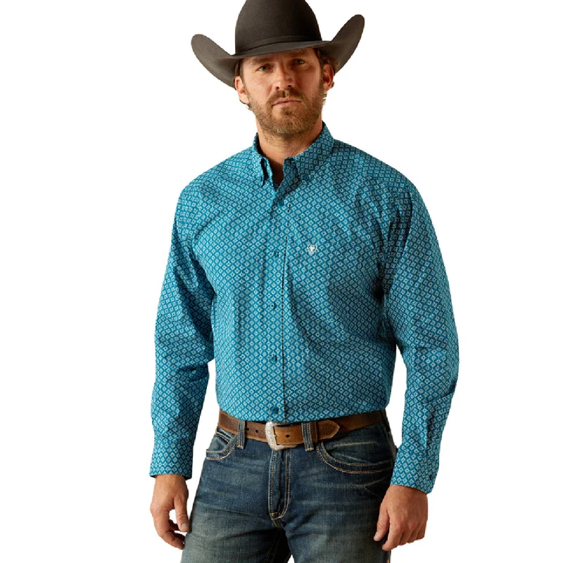 Stretch-fit shirt Ariat Men's Petey L/S Classic Fit Western Button Down Shirt in Dark Teal Pixelated Diamond