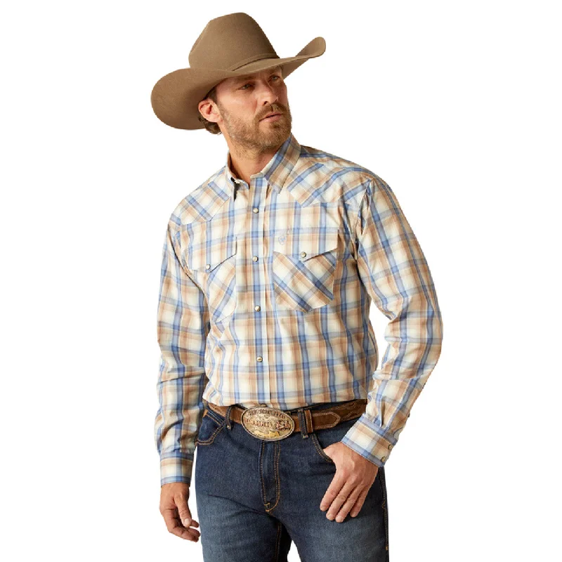 Off-shoulder shirt Ariat Men's Pro Series Clint L/S Classic Fit Western Snap Shirt in Khaki Blue Plaid