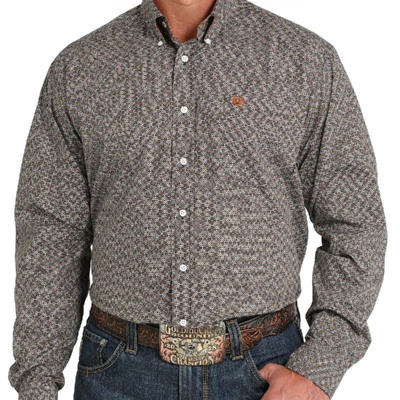 Sporty shirt Cinch Men's Classic Fit Geometric Floral Squares Western Button Down Shirt in Brown