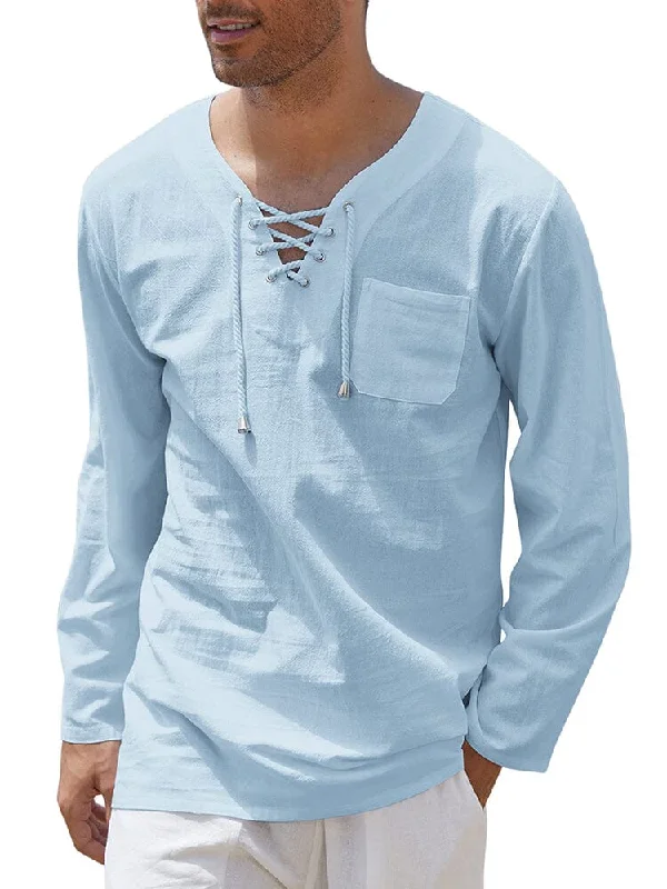 Basic shirt Breathable Solid Drawstring Cotton Linen Shirt (US Only)