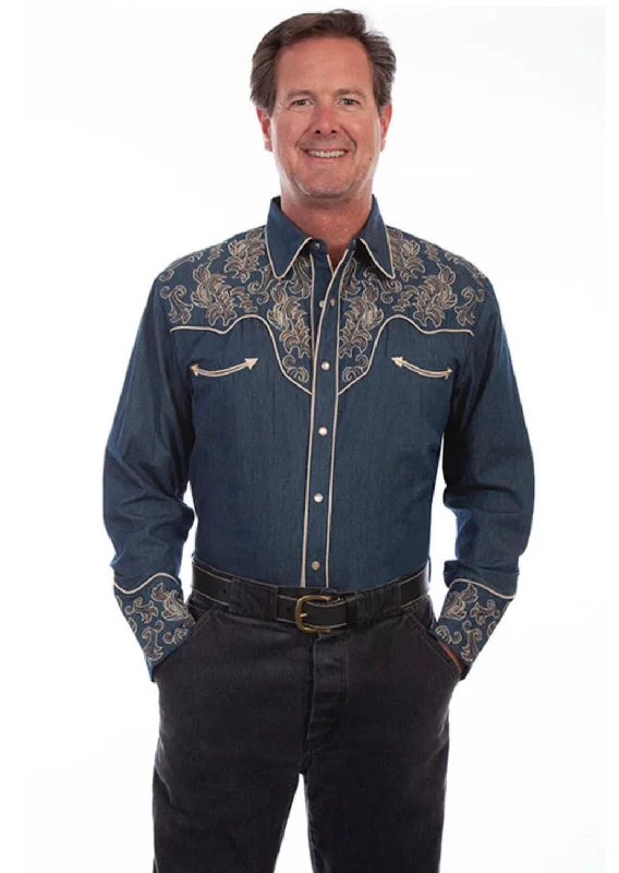 Cold-shoulder shirt Scully Men's Vine Embroidered Western Snap Up Long Sleeve Shirt P-907 DEN