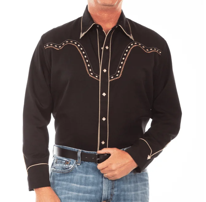 Relaxed fit shirt Scully Men's Black Diamond Yoke Embroidered Western Snap Up Shirt P-898