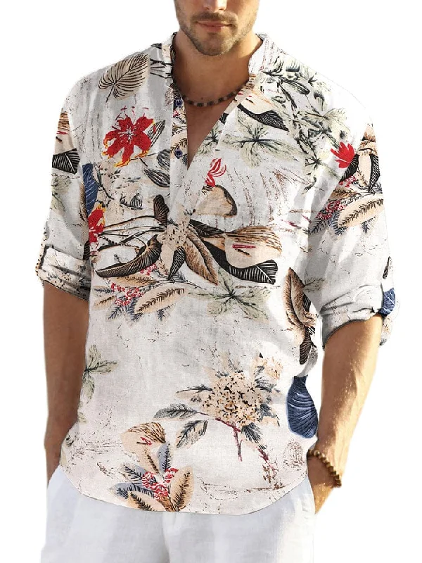 Wrap shirt Cotton Linen Floral Henley Shirt (US Only)