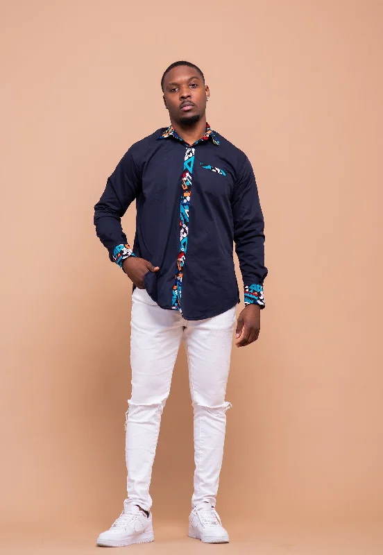 Jacquard shirt Dakota Ankara Men Shirt | Navy Blue and African Mixed Print