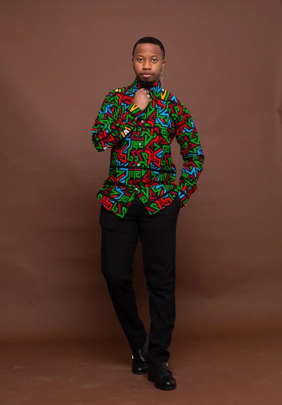 Workwear shirt Francis Ankara Men Long sleeve Shirt | Green and Blue Multicolored African Print Shirt