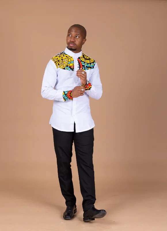 Modern shirt Sarki Mixed Print Men Shirt | White and Ankara African Print