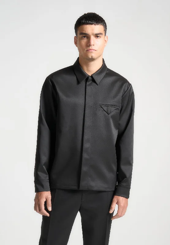 Boyfriend shirt Satin Tailored Shirt with Triangle Pocket - Black