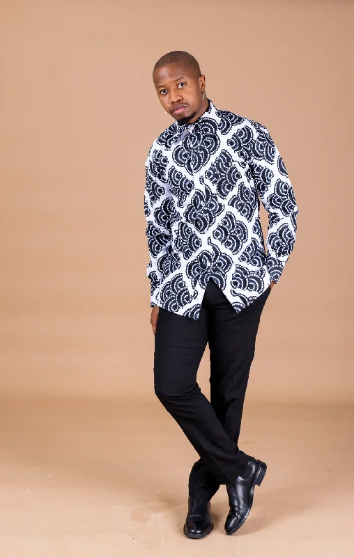 Casual button-up Smart Men Long-sleeved Shirt | Black and White African Print