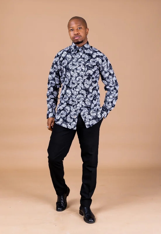 Flannel shirt Smith Ankara Men Long-sleeved  Shirt | Black and White African Print