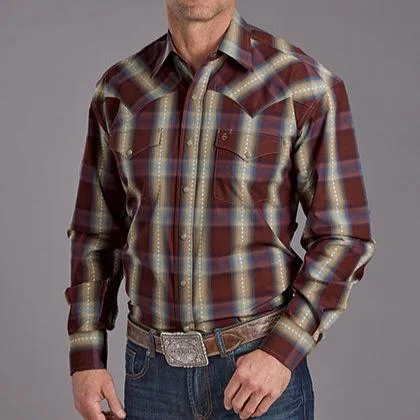 Stretch-fit shirt Stetson Men's L/S Red Rock Dobby Plaid Western Snap Shirt in Wine