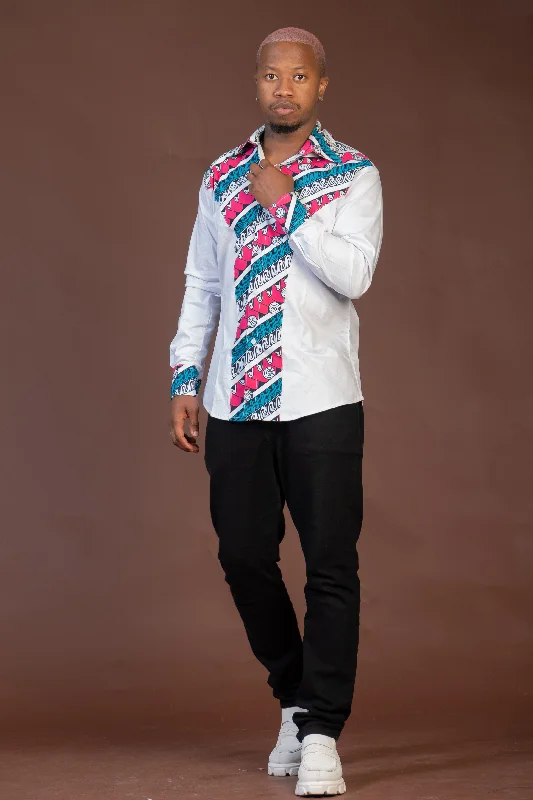 Color-block shirt Terry Mixed Print Men Shirt | White and Ankara African Print