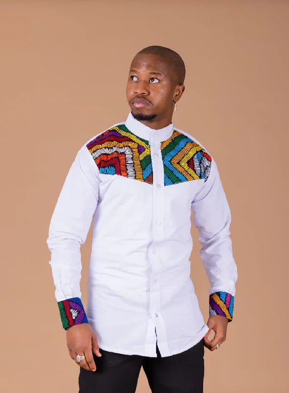 Sporty shirt Tisan Mixed Print Men Long Sleeve Shirt | White and African Ankara Print