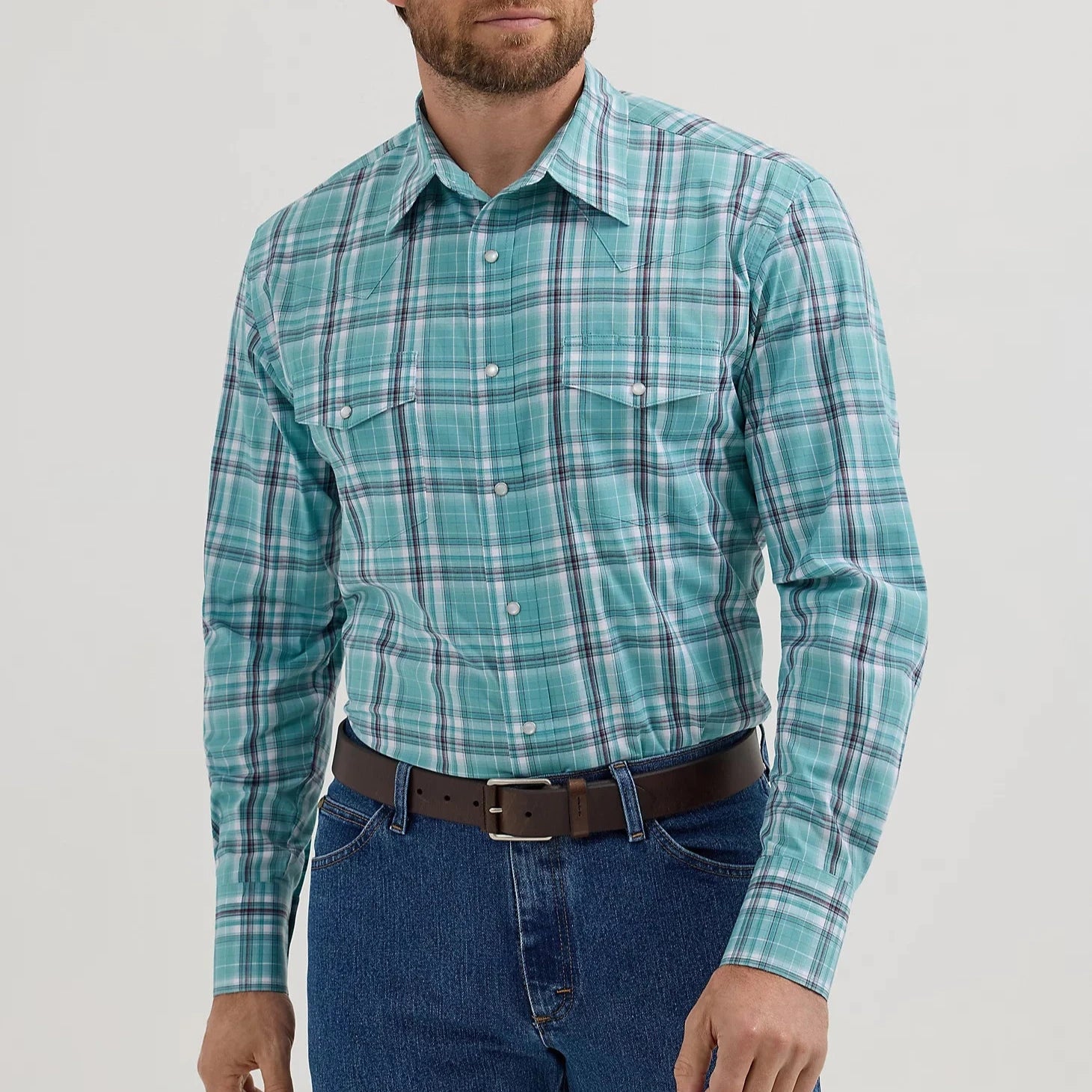 Peasant shirt Wrangler Men's Wrinkle Resist L/S Plaid Western Snap Shirt in Mint