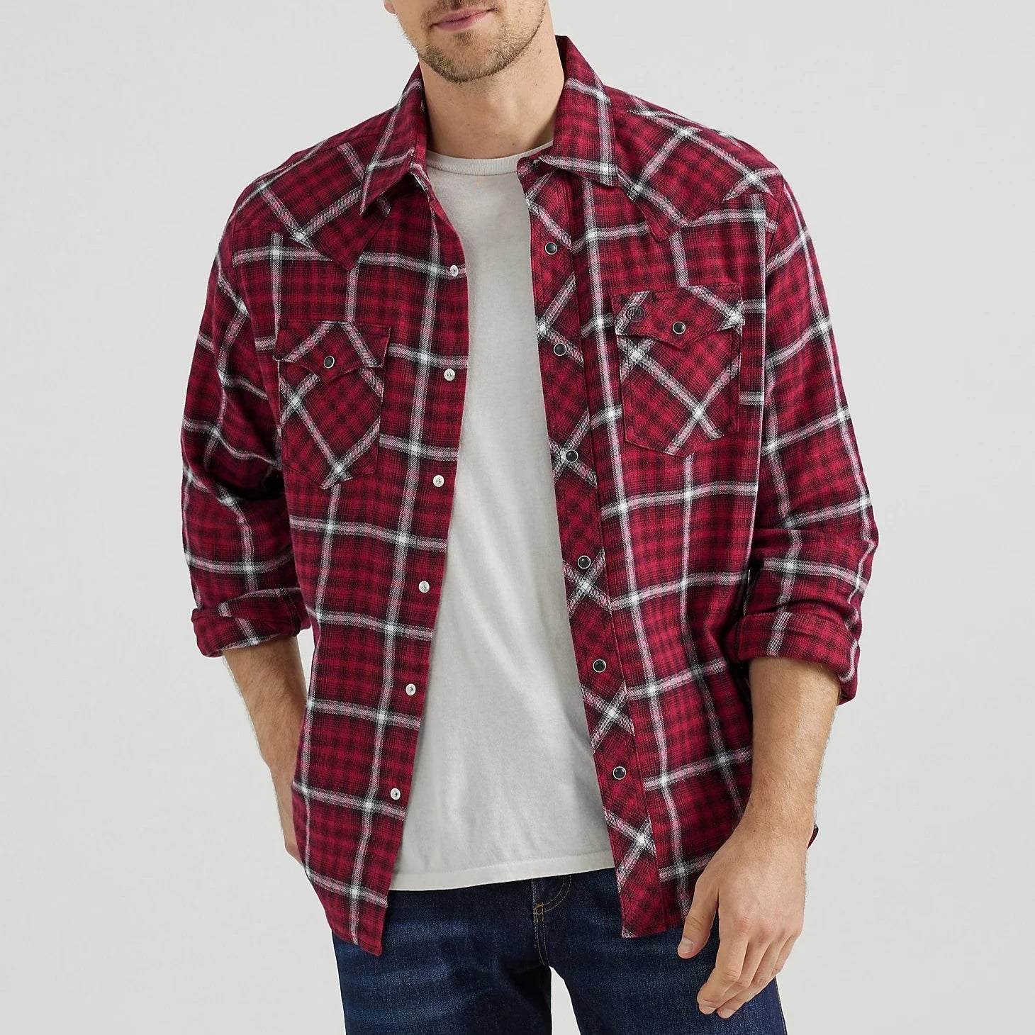 Tartan shirt Wrangler Retro Men's L/S Flannel Western Snap Shirt in Berry Red Plaid