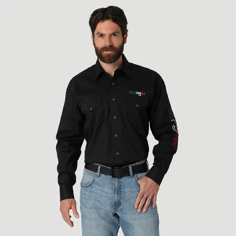 Boyfriend shirt Wrangler® Men's Western Mexico Logo Snap-Front Long Sleeve Work Shirt